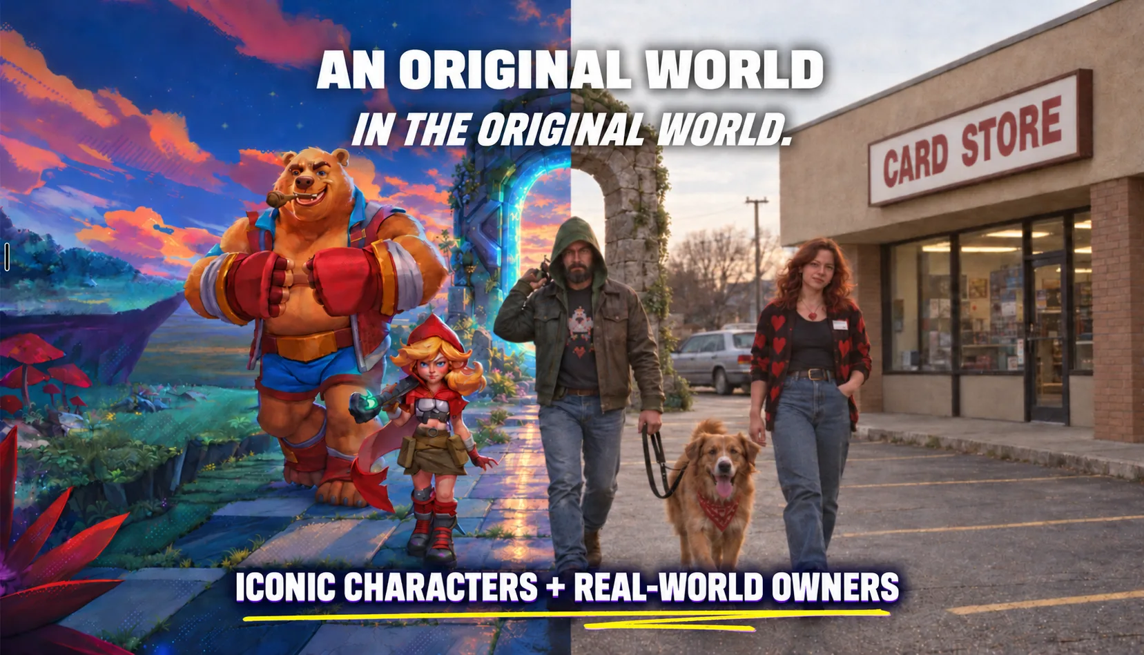 Origins characters walking alongside real card store owners outside a card store